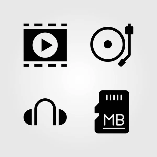 Icônes multimédia réglées. Mémoire vectorielle d'illustration, écouteurs, carte SD et tourne-disque — Image vectorielle