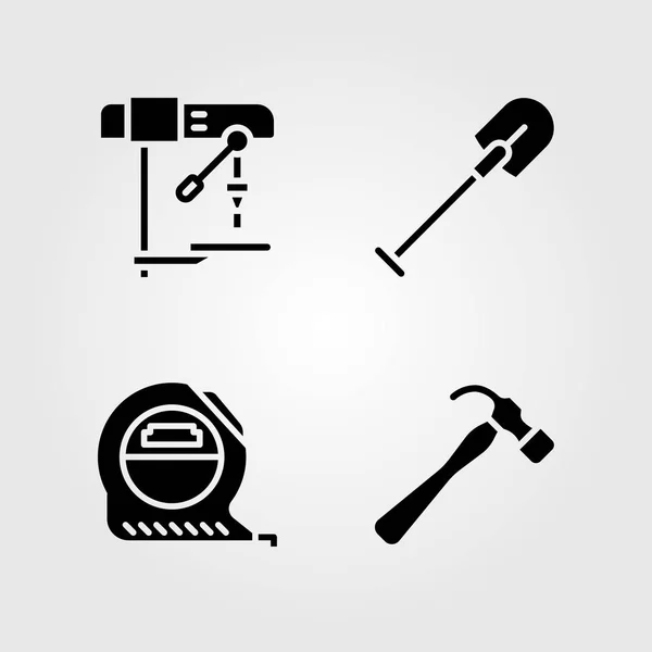 Eszközök ikonok beállítása. Vektoros illusztráció szalag, fúró, kalapács és lapát — Stock Vector