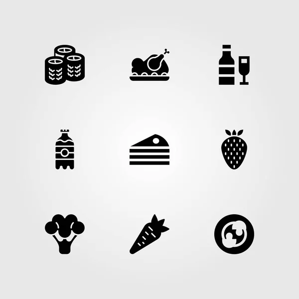 Élelmiszer és italok vector icon set. sült csirke, torta, sárgarépa és pite — Stock Vector