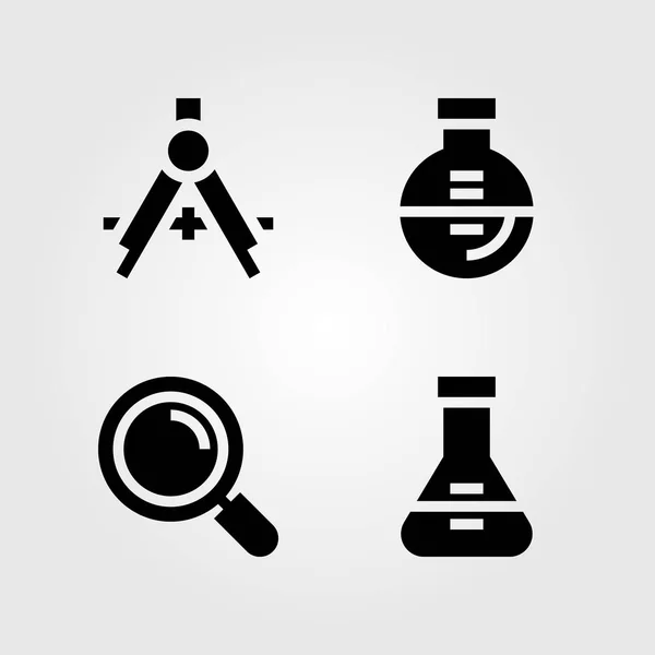 Conjunto de ícones de educação. Bússola, lupa e frasco para ilustração vetorial — Vetor de Stock