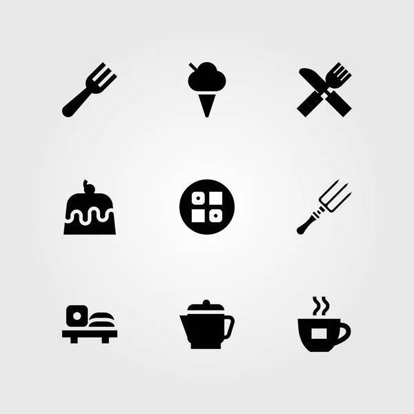 Restoran vektör Icon set. çatal bıçak takımı, pasta, kahve fincanı ve suşi — Stok Vektör