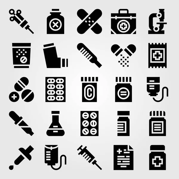 Conjunto de iconos de vector médico. tabletas, inhalador, pastillas y botiquín de primeros auxilios — Vector de stock