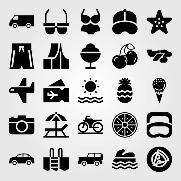 Yaz aylarında vektör Icon set. Deniz, uçak, motosiklet ve kiraz