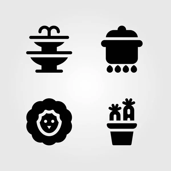 Gartensymbole gesetzt. Vektor Illustration Brunnen, Kaktus, Schaf und Topf — Stockvektor