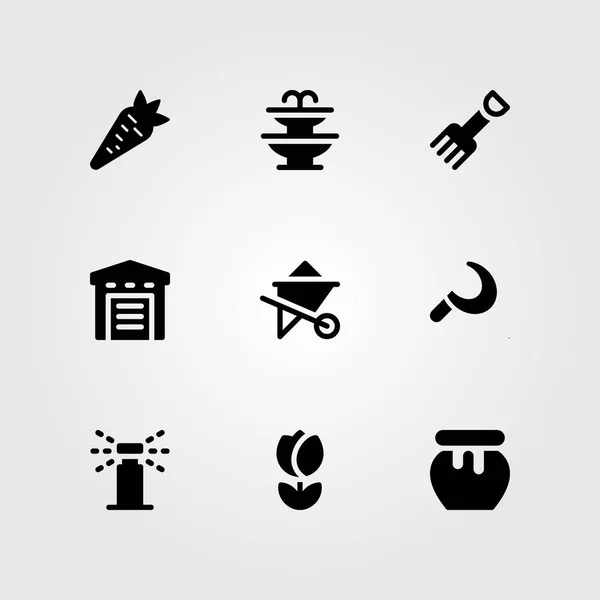 Tuin vector icon set. Strooi, magazijn, whelbarrow en fontein — Stockvector