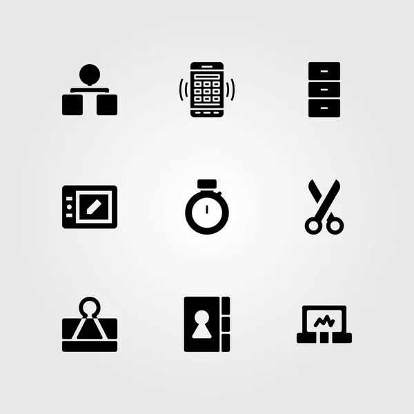 Conjunto de iconos de vector empresarial. gabinete, cronómetro, tableta y portátil — Archivo Imágenes Vectoriales