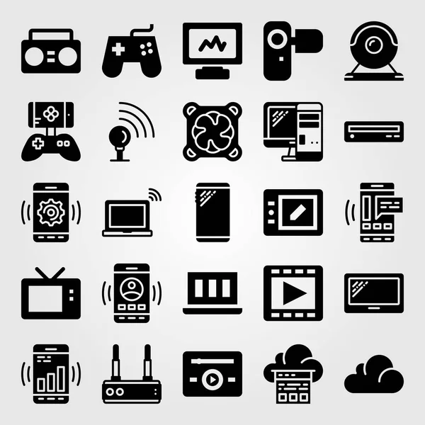 Conjunto de iconos de vector tecnológico. webcam, punto de señal, reproductor de música y reproductor de DVD — Vector de stock
