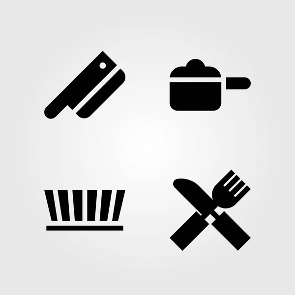 Keuken vector icon set. pot, cleaver, bestek en gegoten — Stockvector