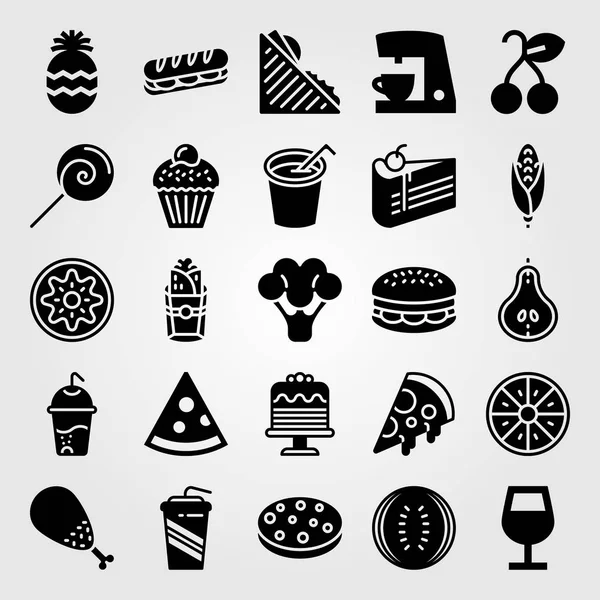 Food And Drinks vector icon set. pizza, cake, piece of cake and broccoli — Stock Vector