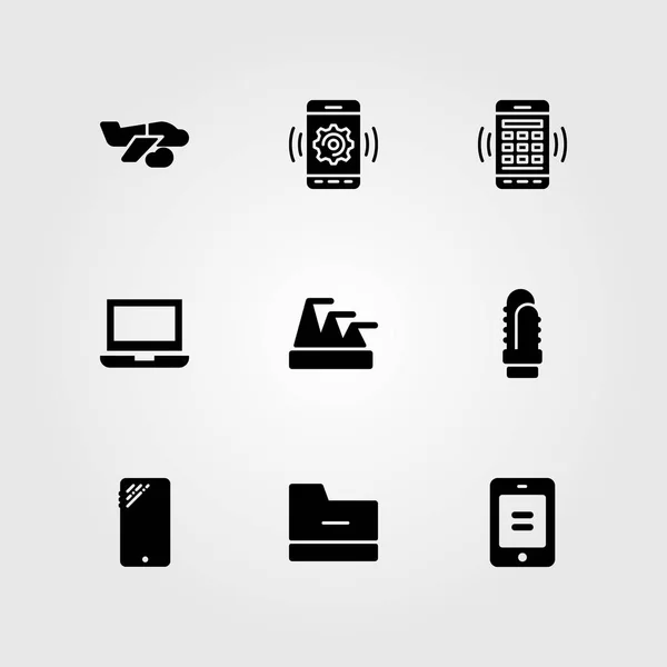 Conjunto de ícone de vetor de negócios. avião, laptop, gráfico de pirâmide e cacto — Vetor de Stock