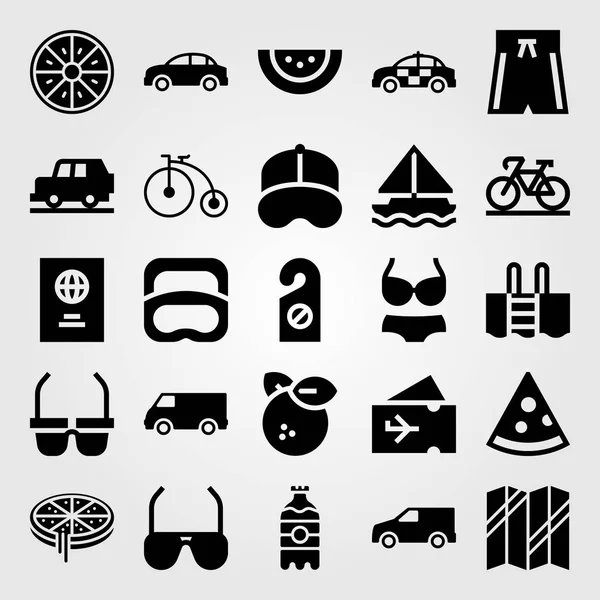 Conjunto de iconos vectoriales de verano. velero, mapa, bicicleta y coche de policía — Vector de stock