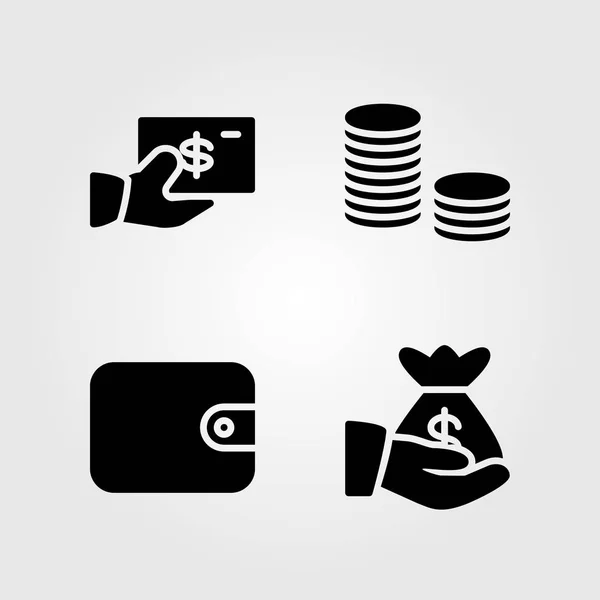 Zestaw ikon pieniądze. Wektor ilustracja Dolar, monety, worek pieniędzy i portfel — Wektor stockowy
