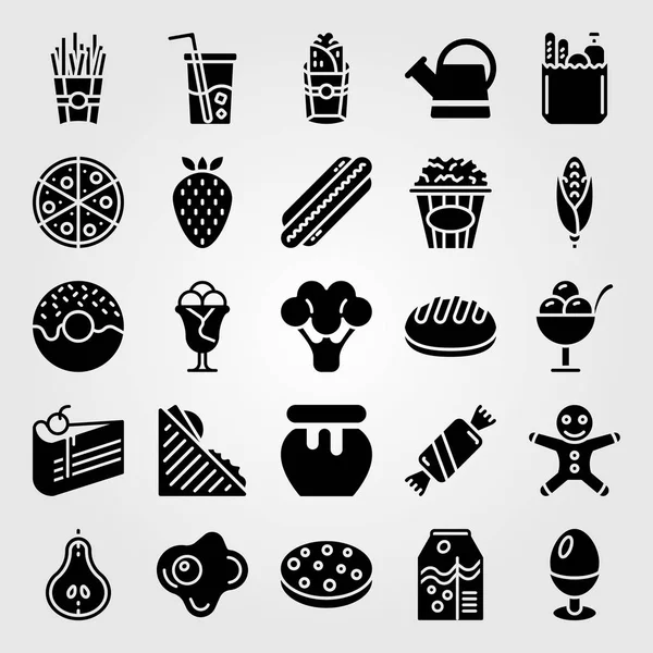 Alimentos y bebidas icono conjunto de vectores. palomitas de maíz, helado, rosquilla y miel — Archivo Imágenes Vectoriales