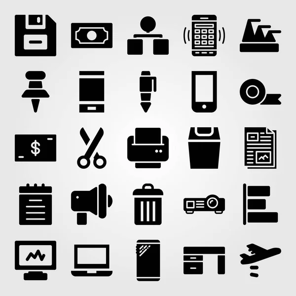 Ensemble d'icônes vectorielles d'affaires. ordinateur, projecteur, ciseaux et ordinateur portable — Image vectorielle