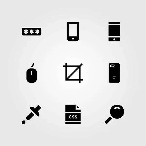 Web Design vector icon set. css, password, smartphone and crop — Stock Vector