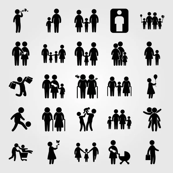 Humans vector icon set. dad, girl, old woman and man with bags — Stock Vector