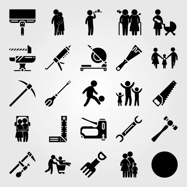 Tools icon set vector. hammer, pick axe, football player and mom — Stock Vector