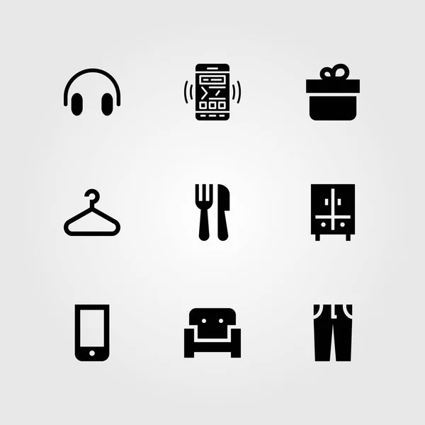 Winkelen vector icon set. Couch, smartphone, kast en broek — Stockvector