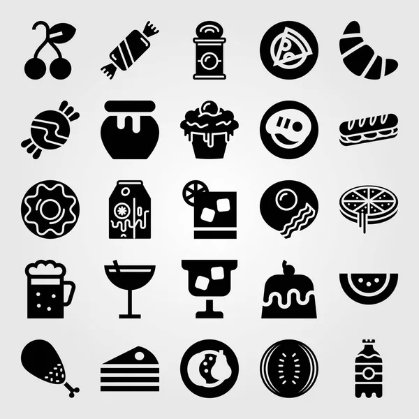 Yiyecek ve içecekler Icon set vektör. kokteyl, kek, pasta ve kiraz