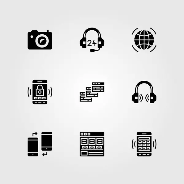 Essentials vector icon set. smartphone, browser, koptelefoon en wereldwijd — Stockvector