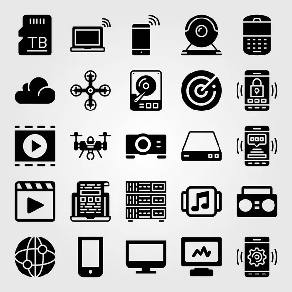 Teknoloji vektör Icon set. SD kart, radar, sunucu ve bilgisayar