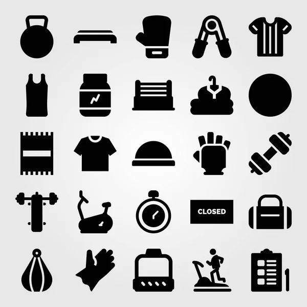 Fitness vector icon set. bankdrukken, controlelijst, kleding en kettlebell — Stockvector