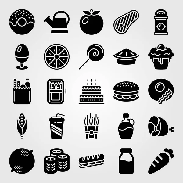 Yiyecek ve içecekler simge vektör ayarlayın. sulama olabilir, cupcake, havuç ve jambon