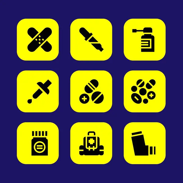 Conjunto de iconos de vector médico. inhalador, pastillas, medicina y pipeta — Vector de stock