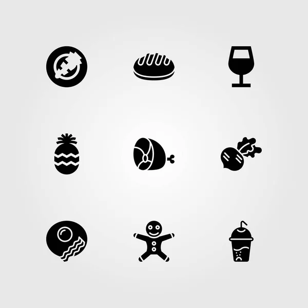 Набор векторных значков еды и напитков. завтрак, имбирный хлеб человек, ананас и морковь — стоковый вектор