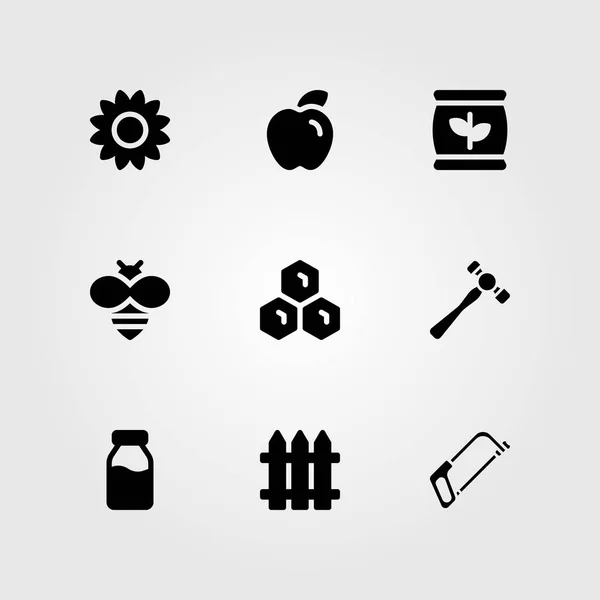 Tuin vector icon set. hamer, apple, handzaag en bee — Stockvector