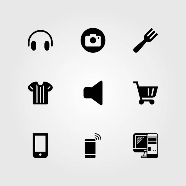 Alışveriş vektör Icon set. fotoğraf makinesi, spor gömlek, hoparlör ve pc — Stok Vektör