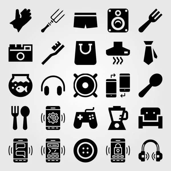 Winkelen vector icon set. vork, hoofdtelefoons, Bank en knop — Stockvector