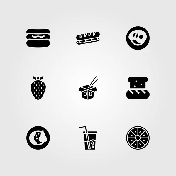 Alimentos y bebidas vector icono conjunto. frutas, naranja, fresa y vidrio — Vector de stock
