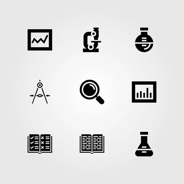 Conjunto de iconos de vector educativo. brújula, microscopio, frasco y libro abierto — Vector de stock
