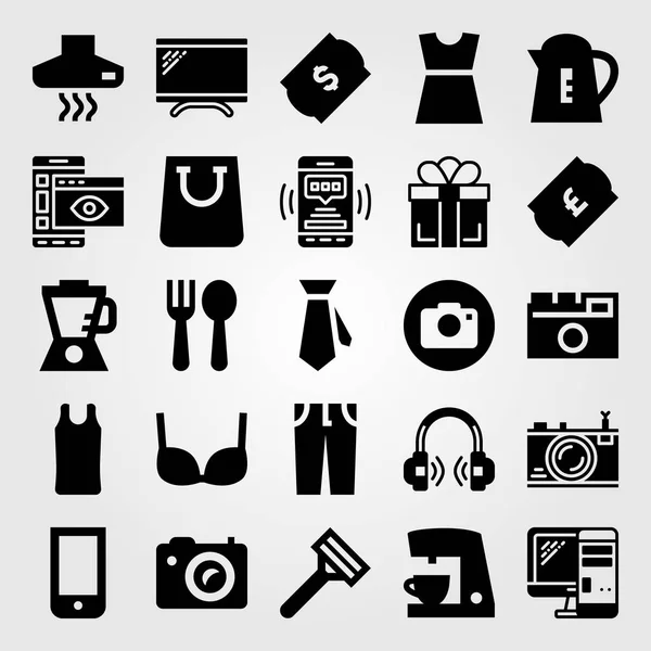 Shopping-Vektor-Symbol gesetzt. Kopfhörer, Kaffeemaschine, BH und PC — Stockvektor