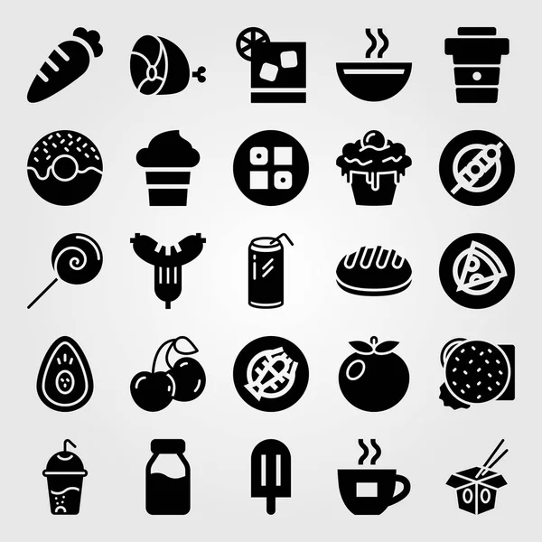 Essen und Getränke Vektor Icon Set. Schinken, Kirsche, Nudeln und Cocktail — Stockvektor