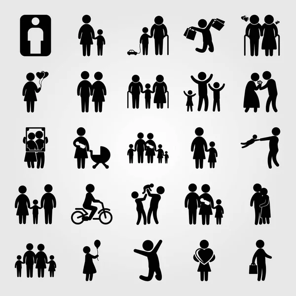 Humans vector icon set. jumping man, father, grandson and big family — Stock Vector