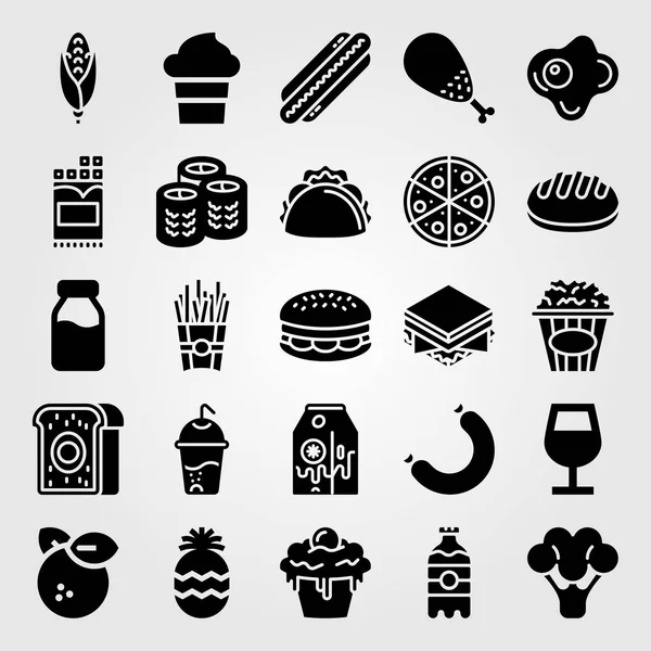 Yiyecek ve içecekler Icon set vektör. çikolata, sishi, alkolsüz içecek ve soda