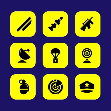 Askeri vektör Icon set. bıçak, radar, uydu ve yardım