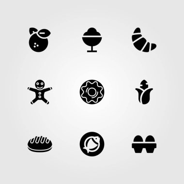 Yiyecek ve içecekler Icon set vektör. Dondurma, Mısır, halka ve portakal