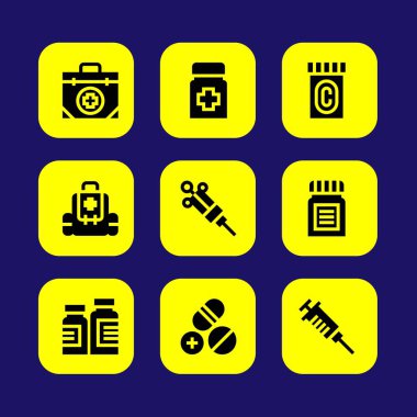 Tıp vektör Icon set. hap, İlkyardım çantası, tıp ve şırınga