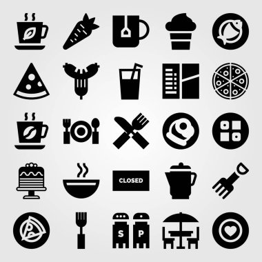 Restoran vektör Icon set. tuz ve karabiber, kahve, meyve suyu ve Teras