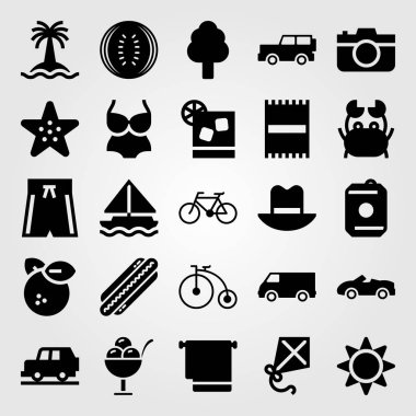 Yaz aylarında vektör Icon set. kamyon, cip, araba ve Bisiklet