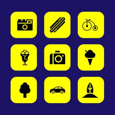 Yaz aylarında vektör Icon set. ağaç, fotoğraf makinesi, Bisiklet ve araba