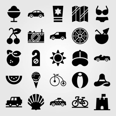 Yaz aylarında vektör Icon set. kamyon, pamela, şapka ve güneş