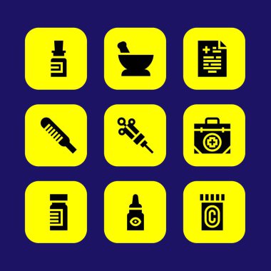 Tıp vektör Icon set. tıbbi sonucu, hapları, göz damlaları ve harç