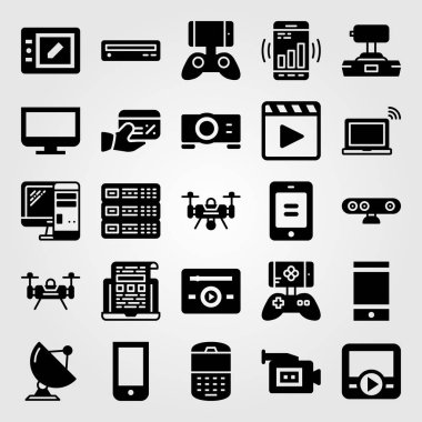 Teknoloji vektör Icon set. Web kamerası, dron, manevra kolu ve film oyuncu