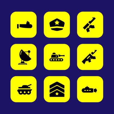 Askeri vektör Icon set. asker şapka, sırası, denizaltı ve silah