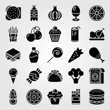 Yiyecek ve içecekler simge vektör ayarlayın. içki, kiraz, vişne ve soda