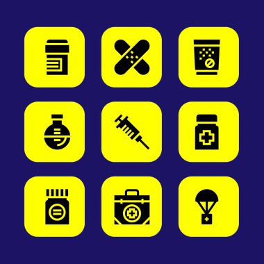 Tıp vektör Icon set. yama, şırınga, yardım ve şişesi
